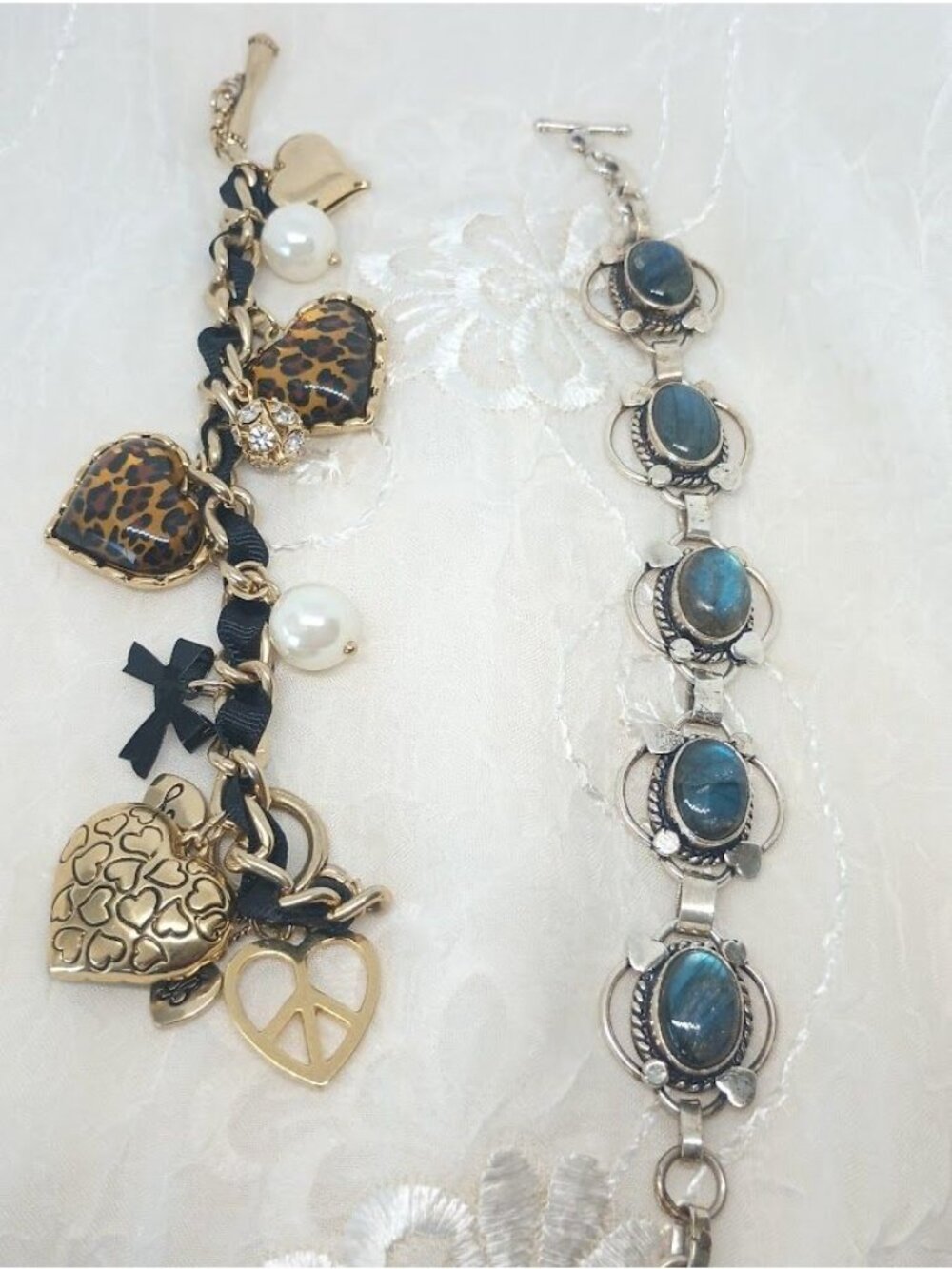 Betsey Johnson Leopard Print Heart Charm Bracelet & Labradorite Bracelets - Picture 3 of 10